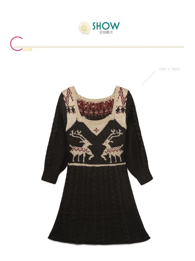   REINDEER PRINTS 3/4 SLEEVES SQUARE NECK JUMPER PULLOVER DRESS 1618