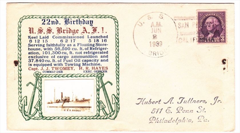 USS Bridge AFI 22nd Birthday 1939 Crosby cacheted Naval Cover. All 