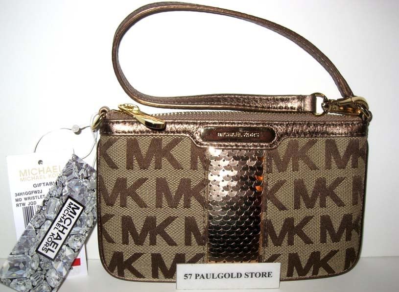 NWT MICHAEL KORS SIGNATURE GIFTABLE SUNTAN MEDIUM LOGO SEQUINS STRIPE 