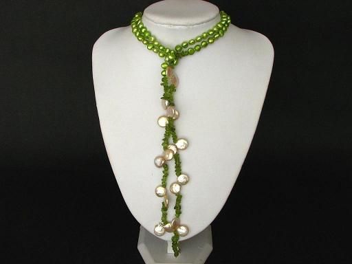 Necklace 45 Lariat Green Pearls Peridot Biwa 1S  