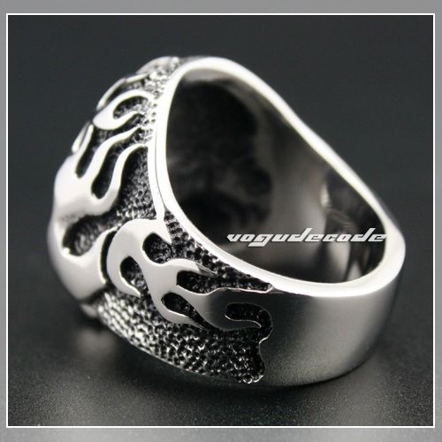 Cool 316L Stainless Steel Fire Skull Men`s Biker Ring 3F002  