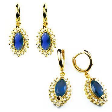 FASHION LADY JEWELRY NIB BLUE SAPPHIRE YELLOW GOLD GP EARINGS BIG 