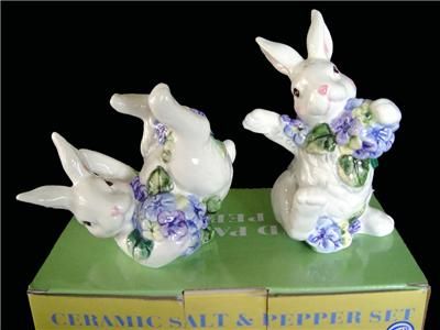 Bunny Rabbit Purple Yellow Flowers Salt Pepper Shakers  