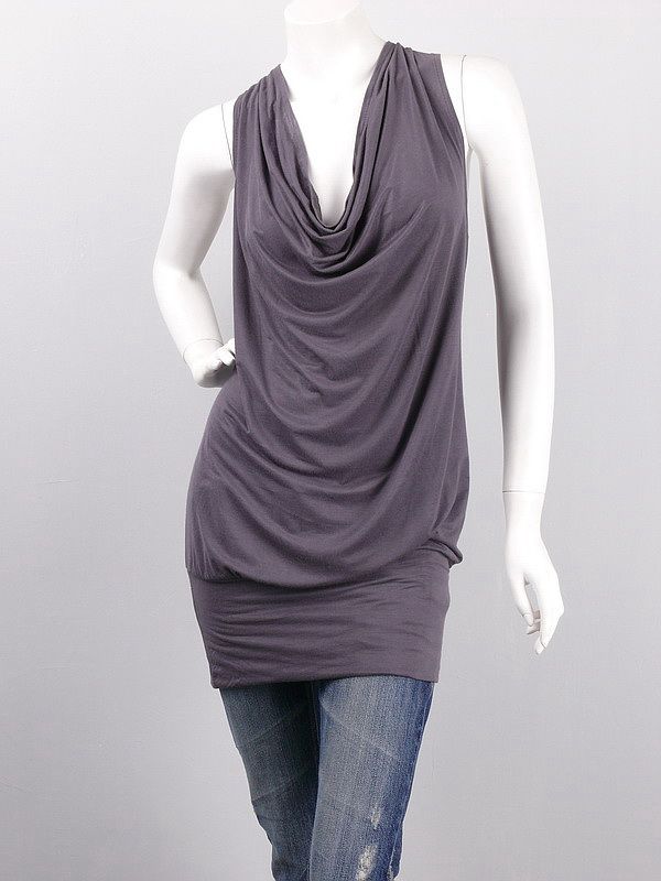 Grey Draped Sleeveless Banded Hip Mini Dress Tunic L  