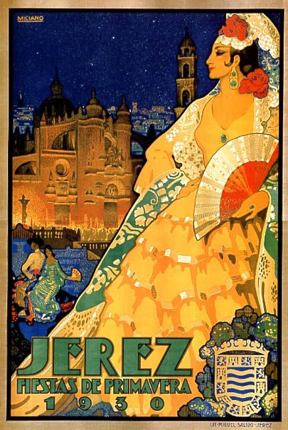 1930 SPRING MADRID SPAIN JEREZ WOMAN LADY CHURCH LARGE VINTAGE POSTER 