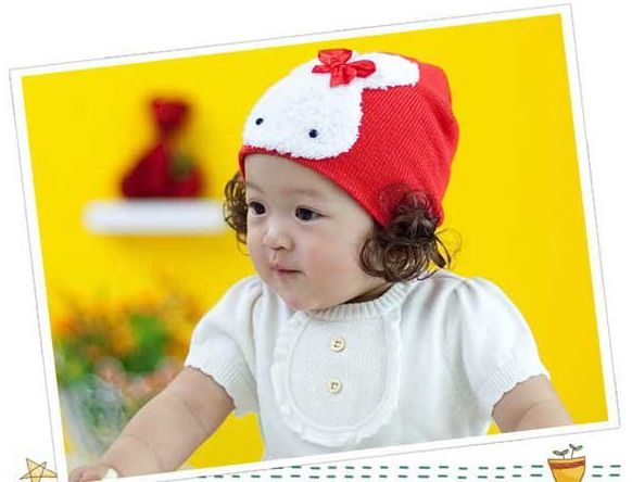 New Baby Girl Beanie Hat Cap Rabbit Front w/ Wig Red  