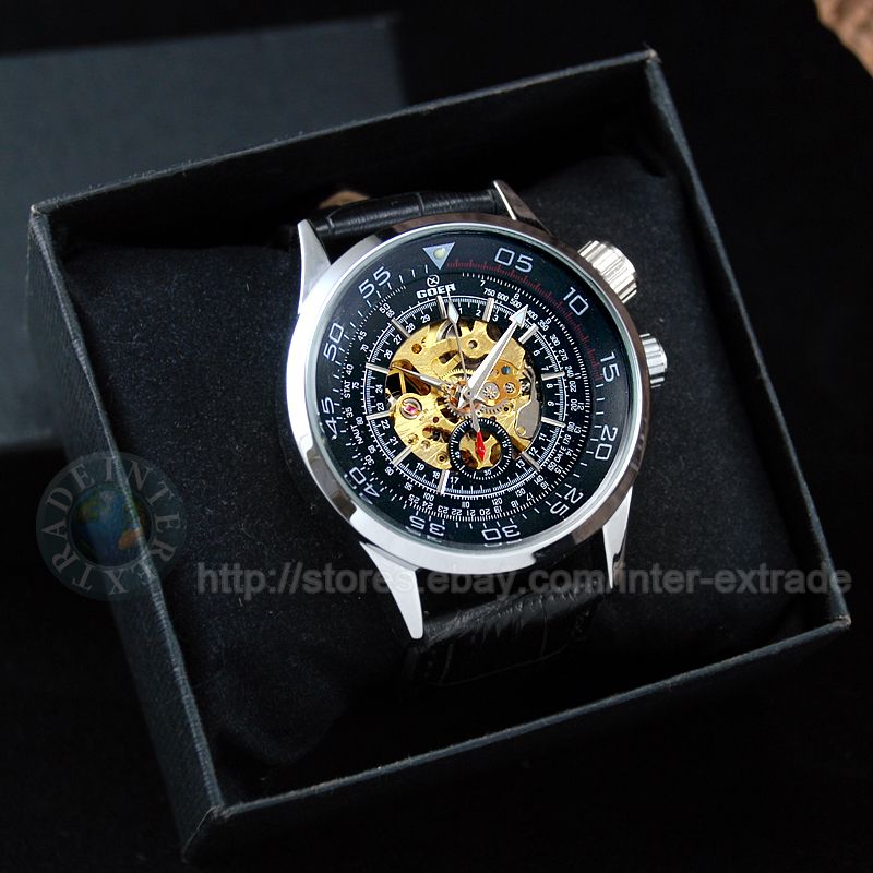 Black Dial Moveable Bezel Skeleton 4Hand Auto Mechanical Mens Wrist 