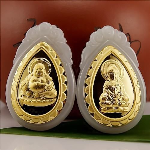 24K Gold & Jade Buddha&Kwan yin Couples Necklace KA007  