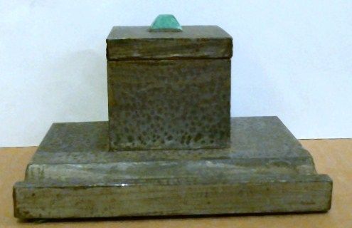 Inkwell Wood Hammered Metal Finish Covered Box Polished Stone Finial 