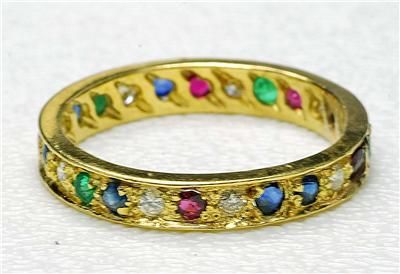   18k Yellow Gold Sapphire Emerald Ruby Diamond Ring Band 1960s Custom