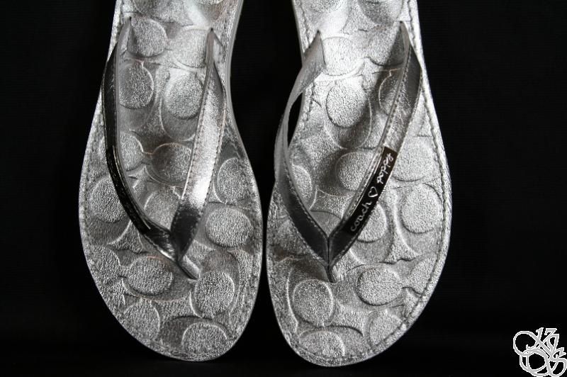 COACH Wilma Crinkle Silver Flip Flops Womens Shoes New  