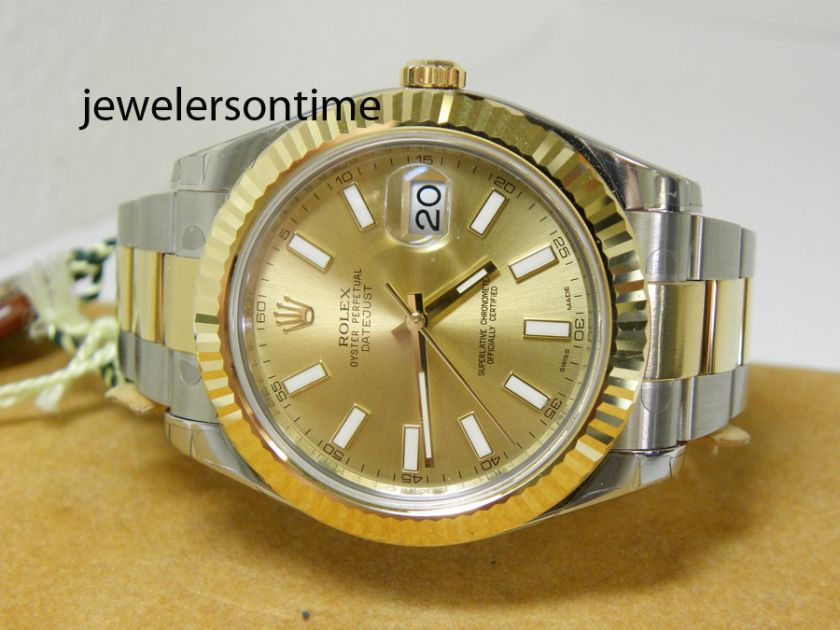 Unworn 2012 41mm 18K/SS Rolex Mens Datejust 2 Gold Stick Dial. ref 