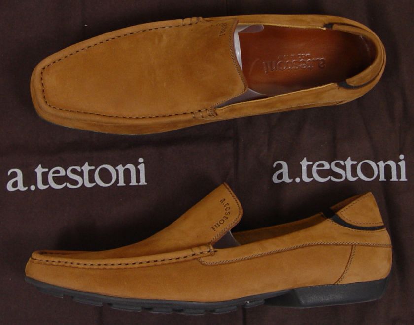 TESTONI SHOES $445 TAN BROWN NUBUCK LOGO SIGNATURE SOLE DRIVERS 12D 