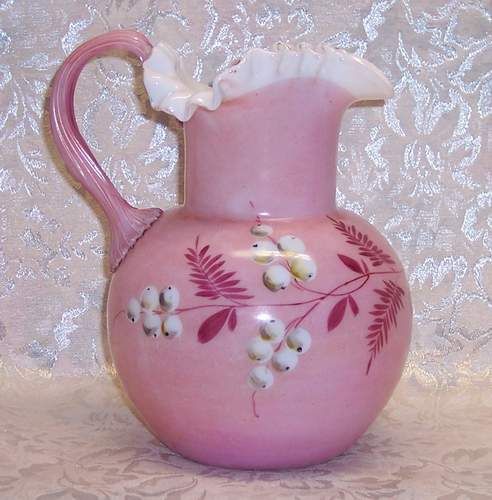 Fenton Elegant Ruffled Top Pitcher + 4 Pink Glasses  