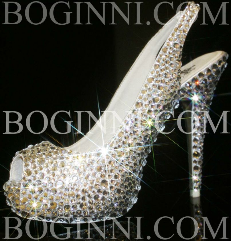 BOGINNI&CO WHITE DIAMOND CRYSTAL 5 HEEL PEEPTOE SLINGBACK WEDDING 