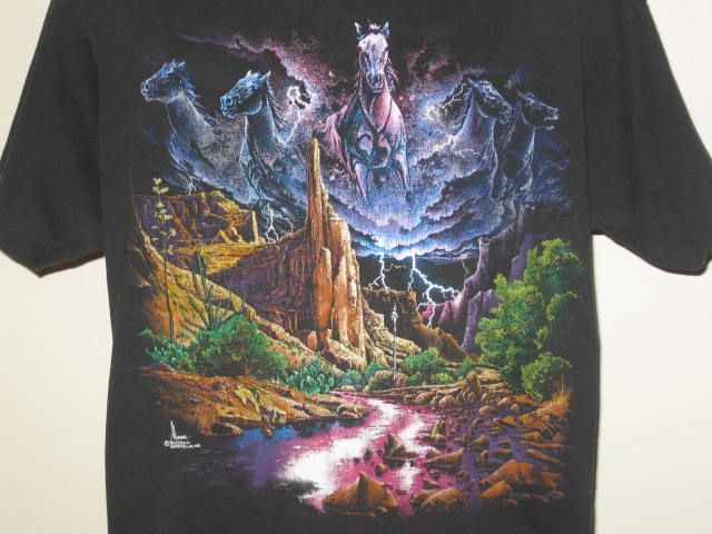 vintage 80s NEON HORSES VALLEY T Shirt XL nature animal wild art 