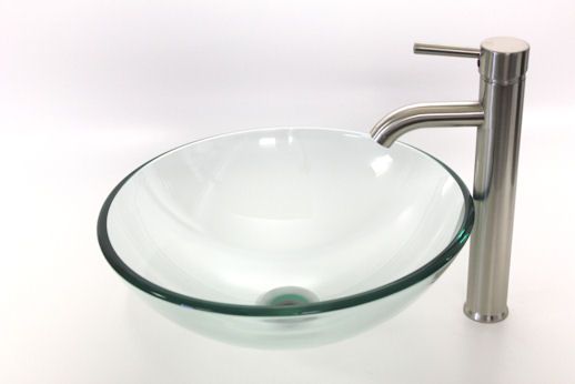 New Clear Tempered Glass Bath Vessel Sink & Brushed Nickel Faucet 