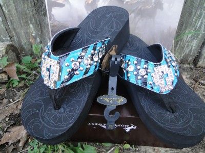 MONTANA WEST BLUE/BLACK ZEBRA RHINESTONE FLIP FLOPS 8  