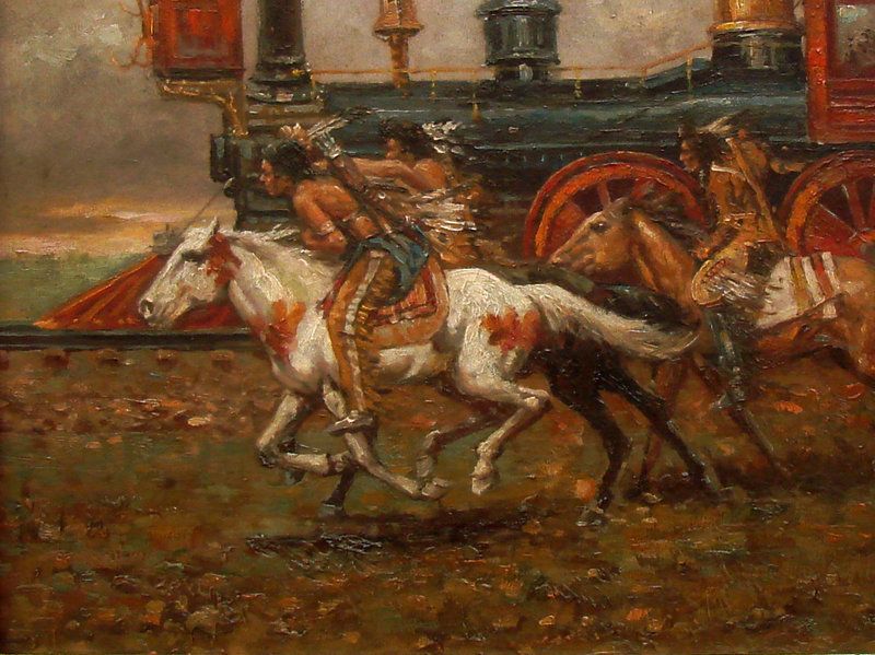 Historical Vintage Oil Painting Native American Indian Horse Riding 