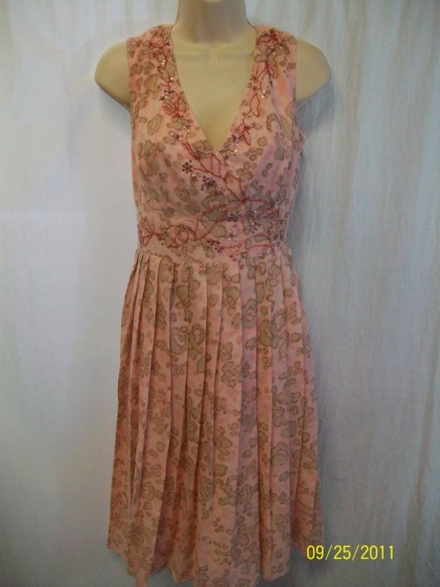 ADRIANNA PAPELL pink cotton gauze sleeveless beaded dress 6  