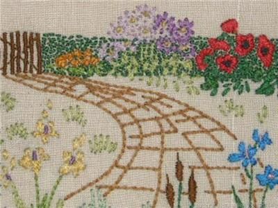 Vintage Embroidery Garden Scene, 9 & 5/8 by 8 & 1/2  