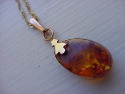 Russian 14k Solid Pink Rose Gold Amber Pendant on Chain  