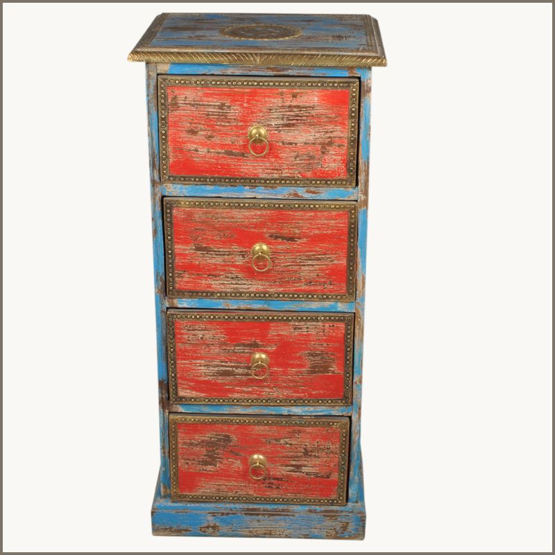   Reclaimed Wood Distressed 4 Drawer Red & Blue Dresser Vanity Furniture