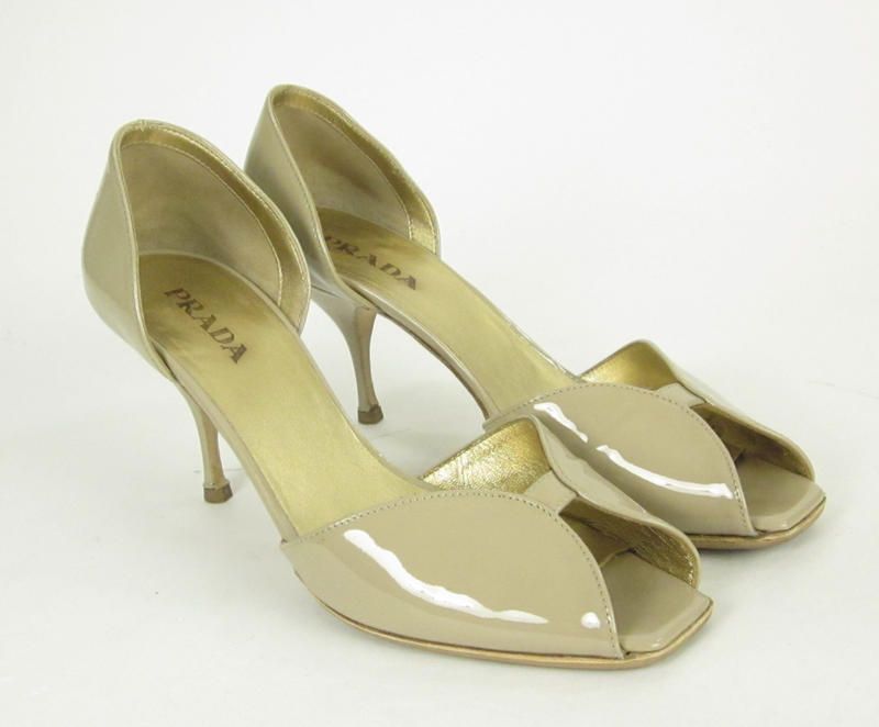 Authentic PRADA Taupe Patent Peep Toe Heels 38  