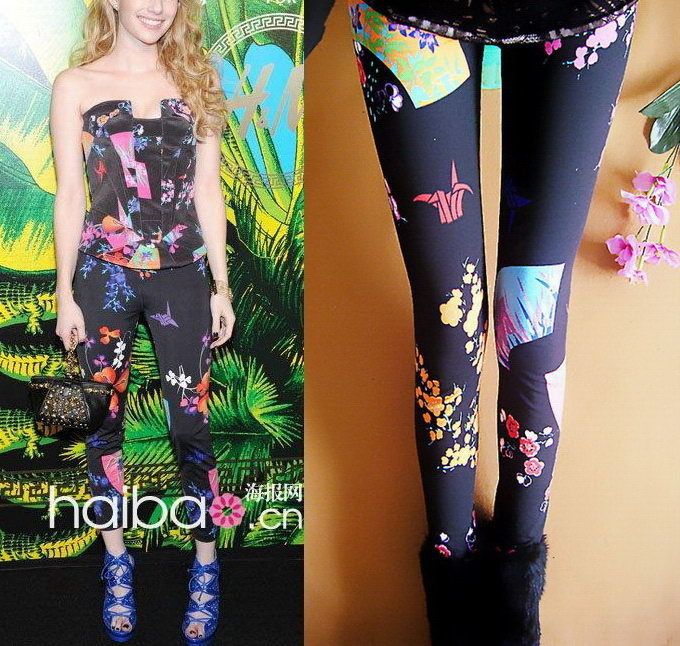 Slim Japanese Multicolor Floral Stretch Pants Legging Black 