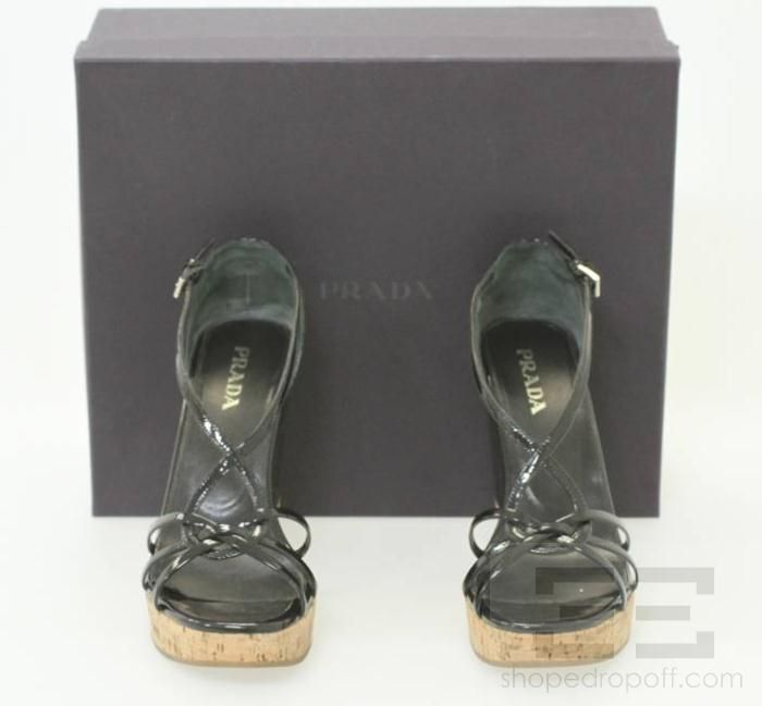 Prada Black Patent Leather & Cork Strappy Wedge Heel Sandals Size 37 