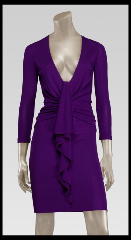   GUCCI DRESS VIOLET JERSEY V NECK BAMBOO BROOCH RUFFLE sz XS  