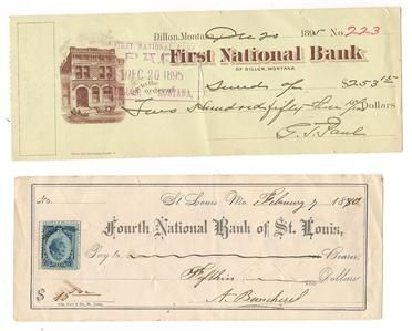 Two Antique Bank Checks Dillon Montana & St. Louis Missouri 1895 1880 
