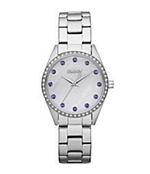 DKNY WOMENS PURPLE GLITZ MOTHER OF PEARL DIAL CRYSTAL BEZEL WATCH 