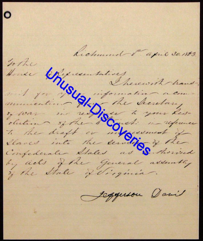 Jefferson Davis Civil War Letter Slaves Framed Reprint  