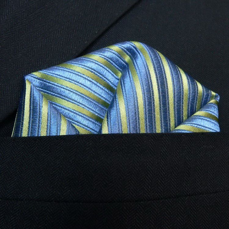 Landisun 80G Blue Green Stripes Mens Silk Tie Set Tie+Hanky+Cufflinks 