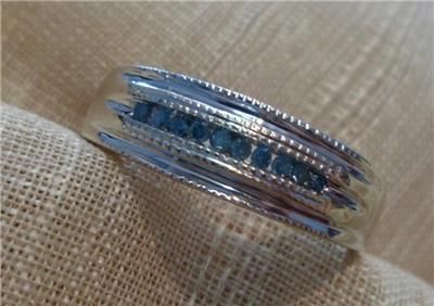 Mens 10k white gold blue round diamond wedding band size 10 .20cttw 