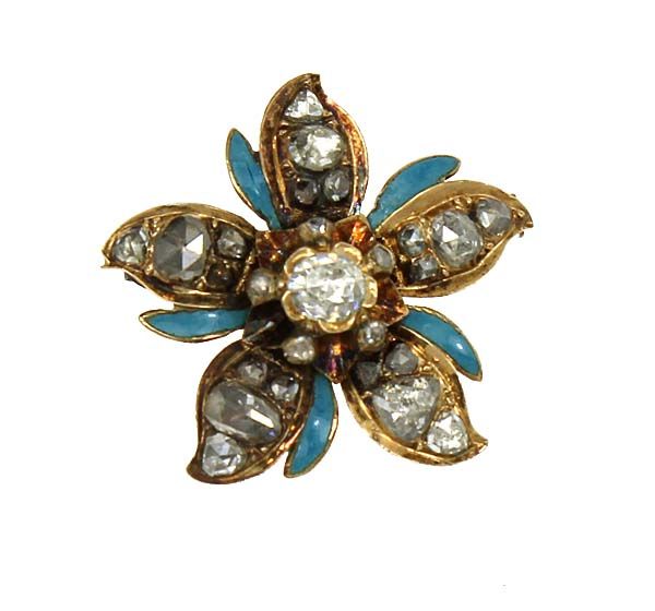 EARLY VICTORIAN 14K GOLD & OLD MINE DIAMONDS ENAMEL FLOWER PIN  