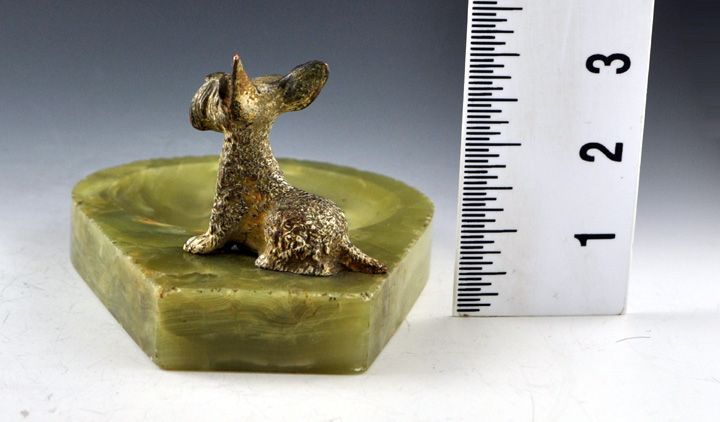   Vintage Austrian Green Onyx Ashtray w/Bronze Schnauzer Figure  