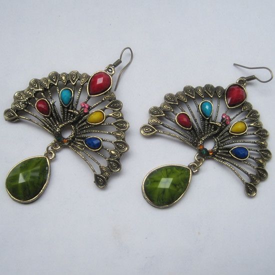   BRONZE GOLD PEACOCK GREEN STONE DROP DANGLE CHANDELIER EARRINGS  