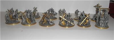 The 12 Stations of the Cross Pewter Statues with Shelf   Franklin Mint 