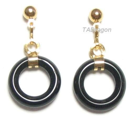 Genuine 14mm Black Jade 18KGP Dangle Post Earrings  