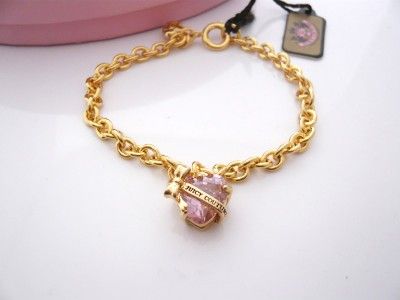   Juicy Couture Faceted Heart Banner Bracelet Goldtone Pink Stone  