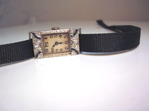   ANTIQUE LADIES ART DECO PLATINUM DIAMOND SAPPHIRE WATCH +EXTRA BANDS