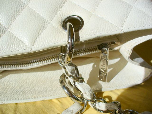 AUTHENTIC WHITE QUILTED CAVIAR LEATHER GRAND SHOPPER TOTE GST PRE 