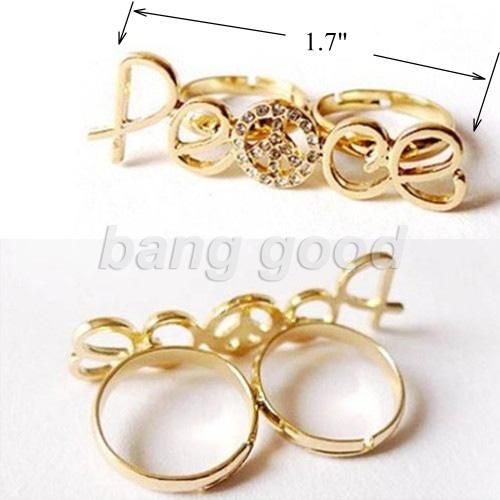 Stylished Ladys PEACE Crystal Double Two Finger Ring Adjustable Gold 