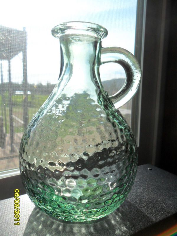 Bumpy Glass Carafe Pitcher ~ Green Tint ~ Spain  