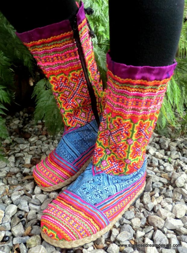 Colorful Hmong Embroidered Batik Back Lace Up Boots  