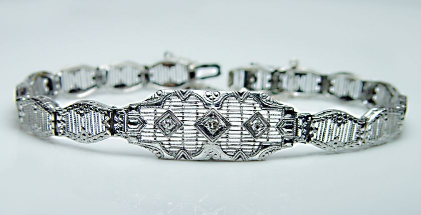 Antique ART DECO Diamond Filigree Bracelet 10K White Gold Estate 
