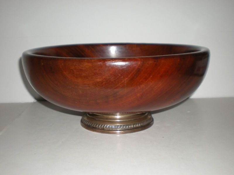 Vtg 12in Solid Mahogany Wood Bowl Sterling Silver Base  