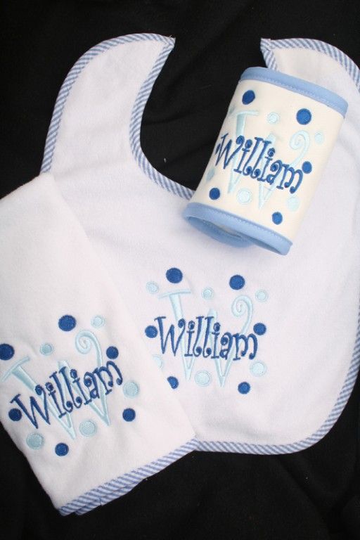 Personalized Monogrammed 3 pc set Bib, Burp, Koozie for Boy or Girl 